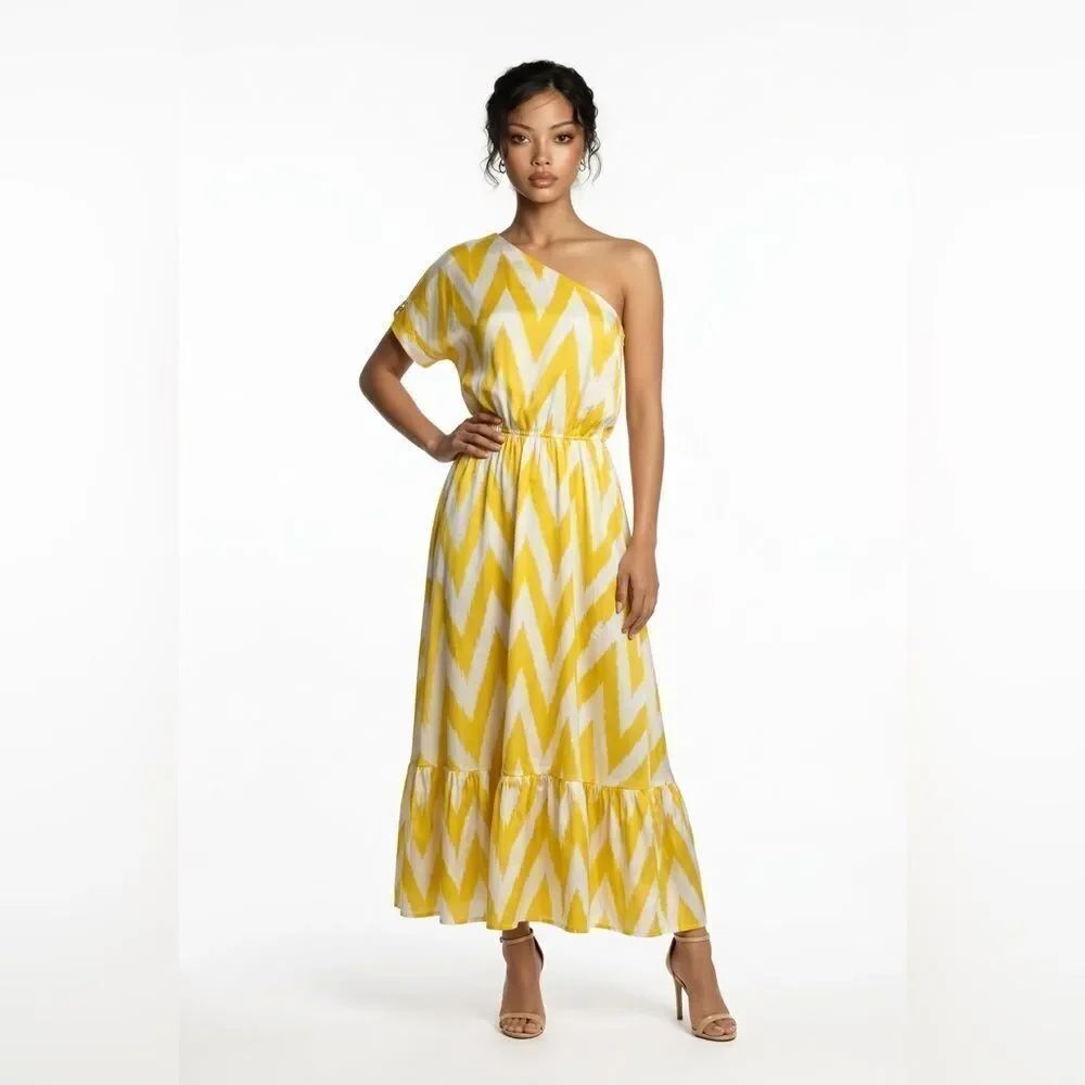 Punicana Sultan one sleeve silk blend Maxi dress in yellow and white size XS